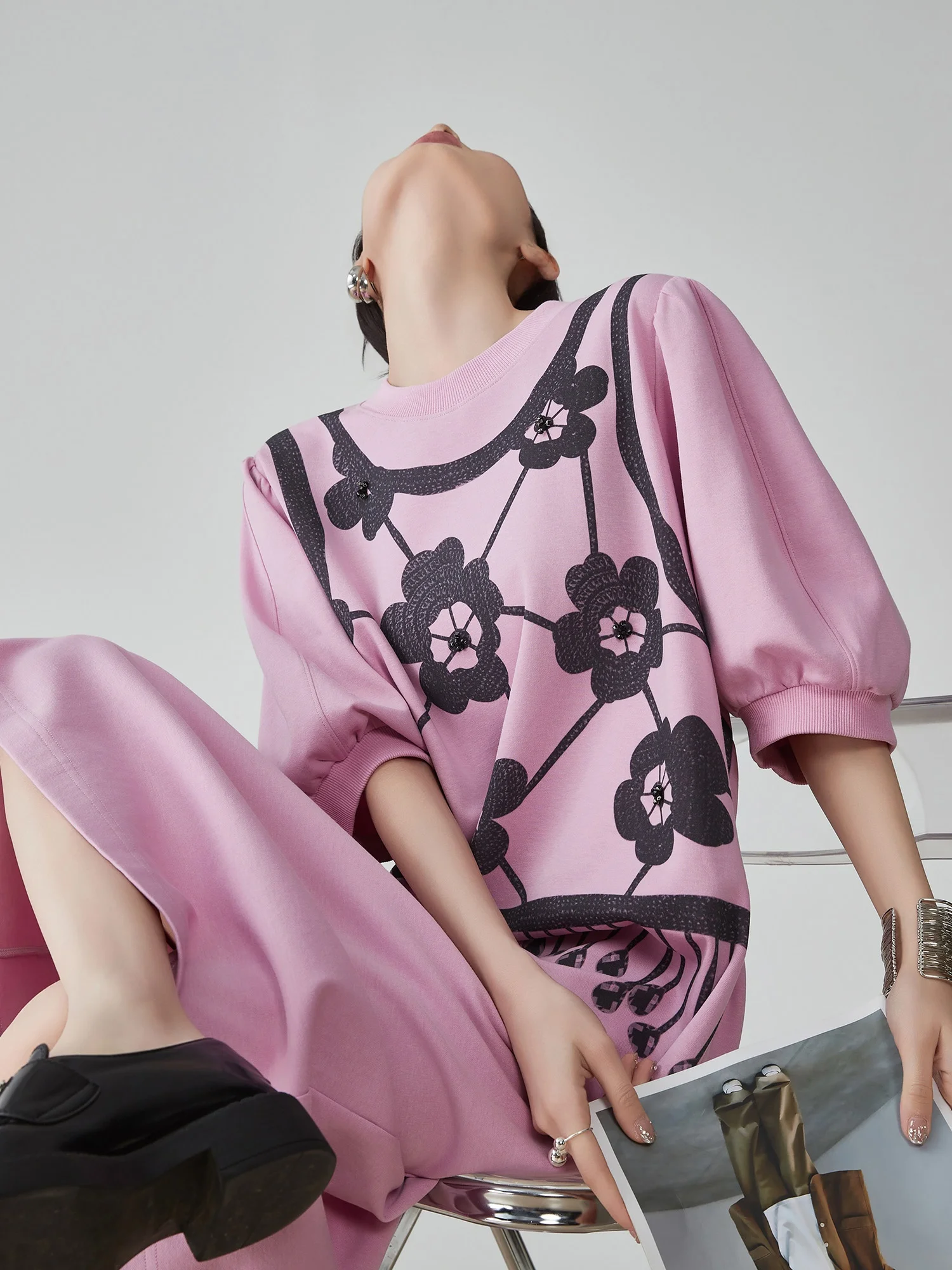 Thai Sle Bubble Sve rose rétro faux deux pièces T-shirt Dr décontracté jupe longue ample femmes Faion été fibre de Polyester