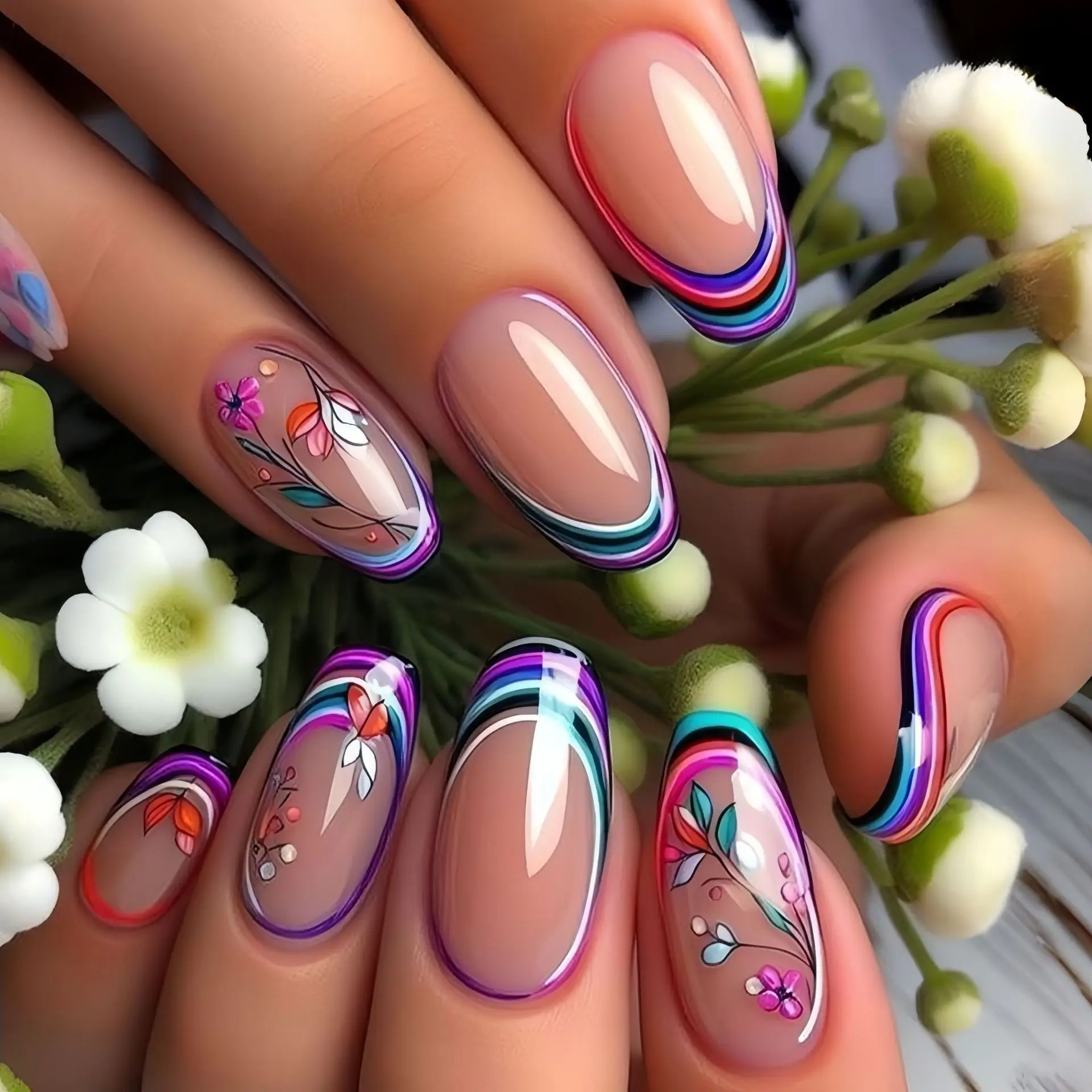 أظافر صناعية متوسطة الحجم للنساء والفتيات، زهور الربيع والصيف، أزرق أرجواني وأبيض، أطراف أظافر لامعة أو لامعة، اضغط على الأظافر الصناعية #3