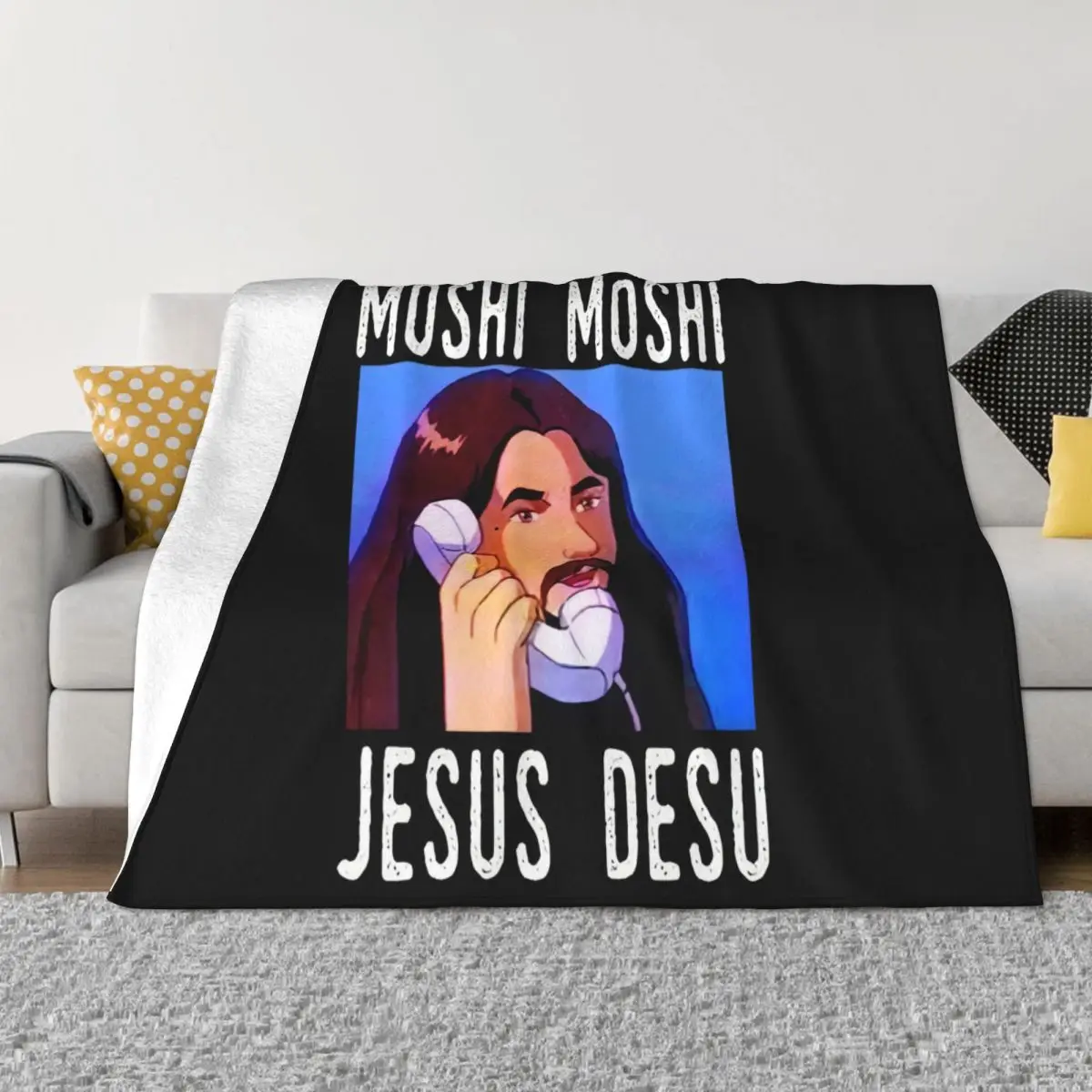 Anime Geek Japan Meme Moshi Moshi Jesus Desu 100 Cotton Black Any Logo Unique Adult Throw Blanket