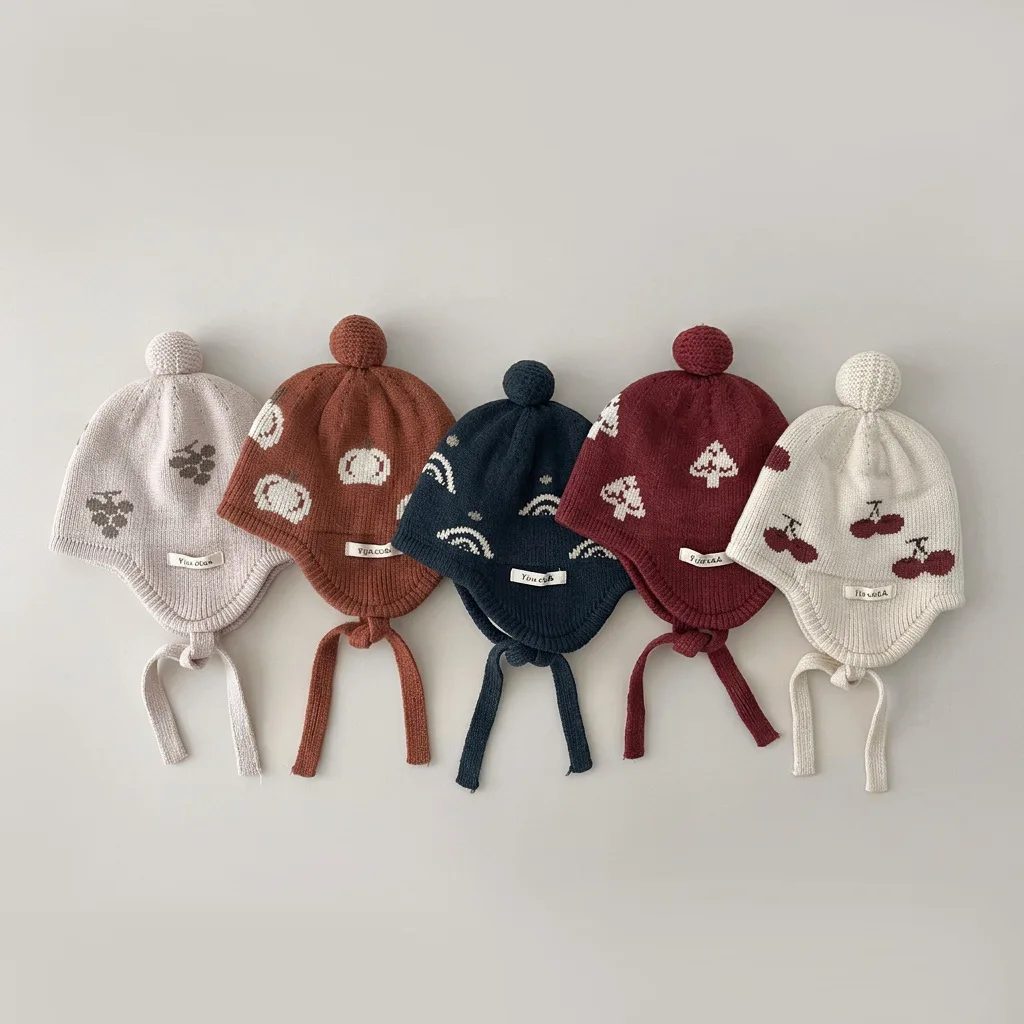 Thickened Knitted Children's Hat Winter Ear Protection Cap Unisex Warm Windproof Korean Style Embroidery Cartoon Design Hat ﻿