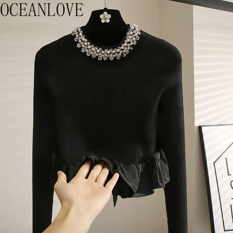 OCEANLOVE Beading Ruffles Autumn Winter Clothes Women Sweaters Solid Vintage Pull Femme Korean Fashion Elegant Pullovers