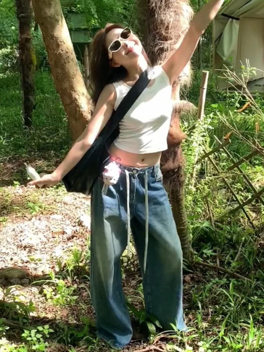 

Retro Casual Wide Leg Denim Jeans High Waist Loose Slimming Spring Summer New Design Long Straight Floor-Length Pants for Women