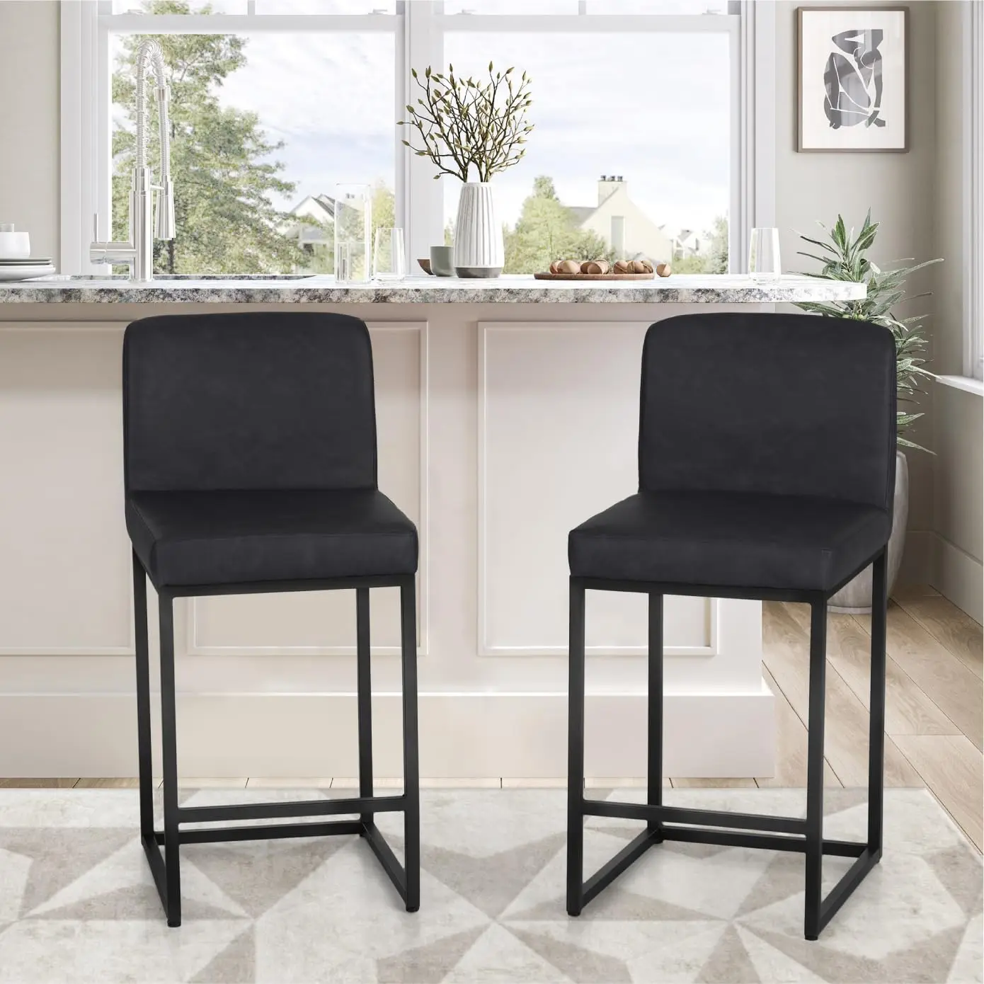 

PHI VILLA Counter Height Bar Stool - 24'' Bar Stools Set of 2 Pu Leather Kitchen Modern Bar Stools with Back