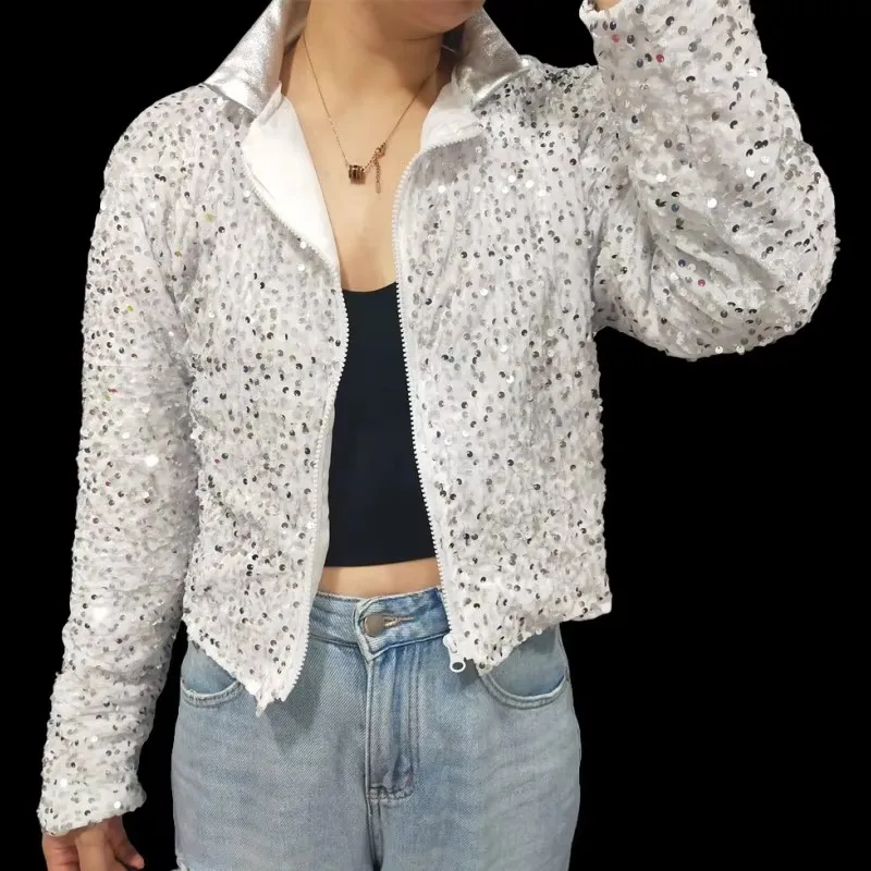 

White Velvet Sequined Stage Performance Costume Female Groups Jazz Dance Sequin Jacket Team Modern Dance Shiny Short Coat Silver