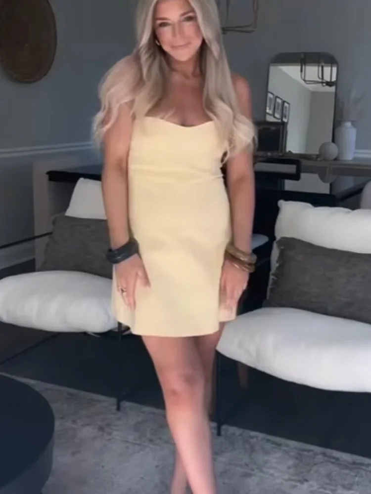 HH Abito da donna nuovo elegante senza maniche con colletto appeso al collo Abito estivo femminile sottile con cerniera posteriore Mini abito solido senza schienale