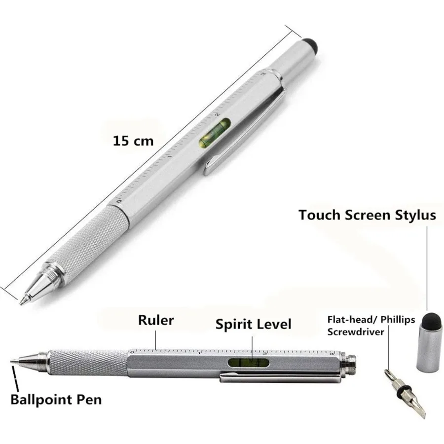 6 in 1 多機能テックツールペン インク詰め替え付き オフィスやアウトドア用 - ボールペン、タッチスクリーンスタイラス、定規付き