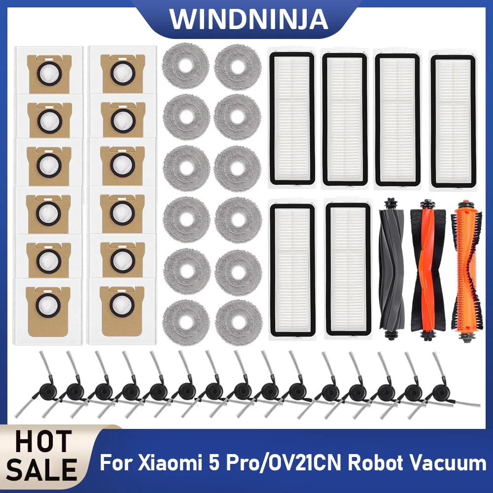 Peças de Substituição para Aspirador Robô Xiaomi 5 Pro/OV21CN: Escova Principal, Escova Lateral, Panos de Limpeza, Filtro HEPA, Sacos de Poeira e Acessórios