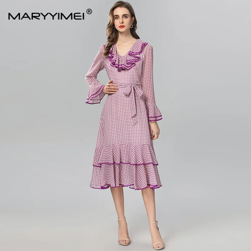 

MARYYIMEI Fashion Designer Autumn and Winter Women's Dress V-Neck Flounced Edge Flare Sleeved Lace-Up Elegant Romantic Dresses