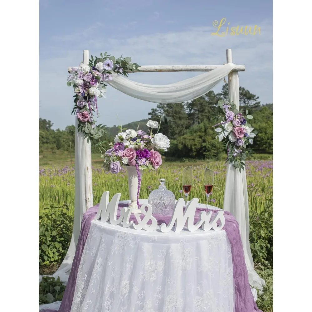 Wedding Arch Flowers, Artificial Flowers for Decoration, 2pcs Flower Swag and 1 Pcs Semi-Sheer Chiffon Table Runner Swag