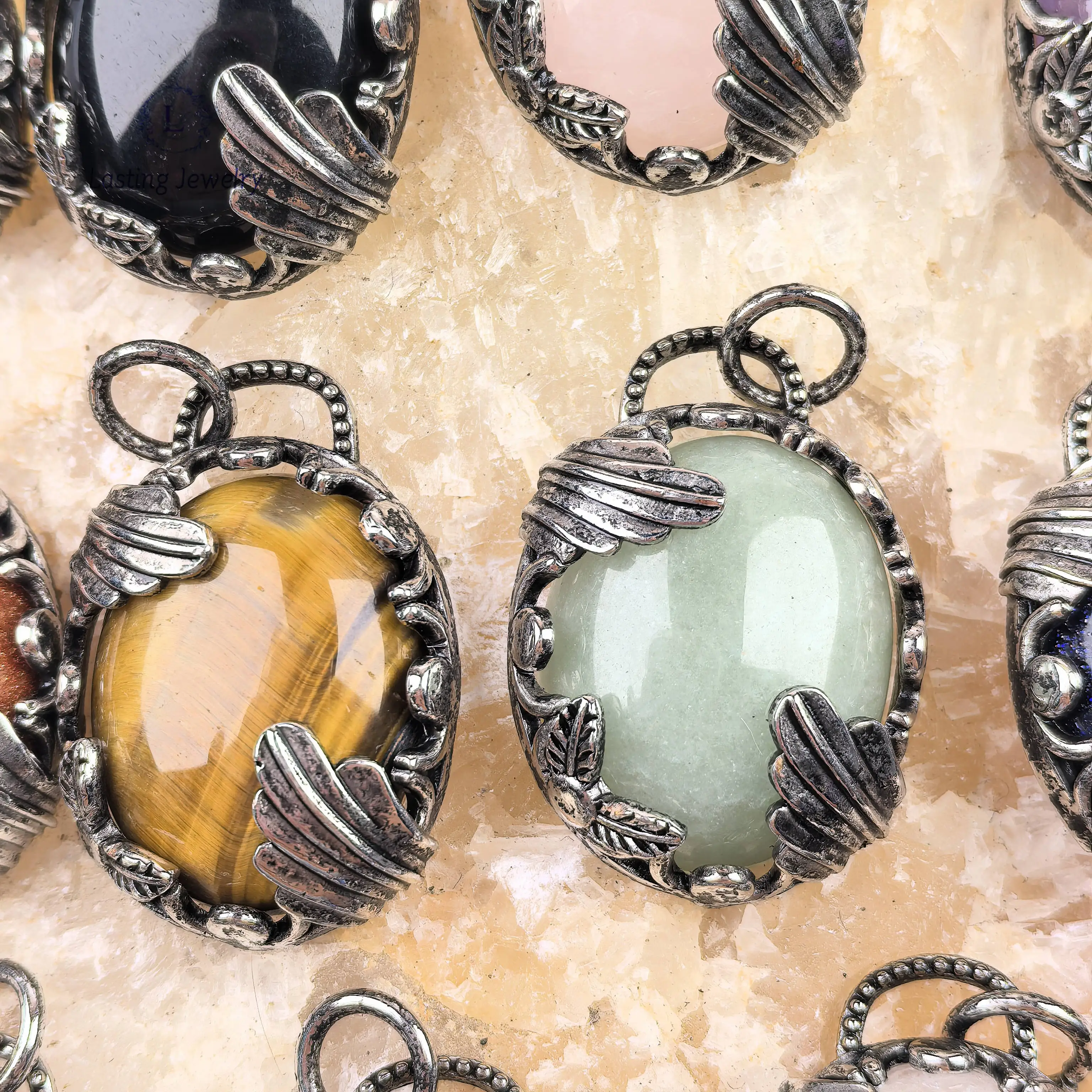 จี้หินธรรมชาติรูปไข่สีเงินโบราณ, คริสตัลบำบัดพลังงานควอตซ์ อเมทิสต์ ฟลูออไรต์ ไทเกอร์อาย สำหรับทำสร้อยคอ DIY