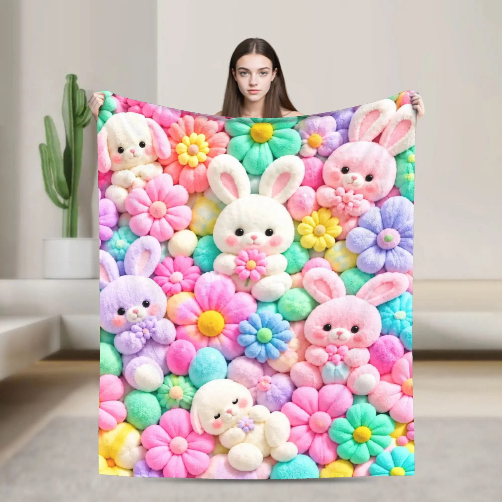 Bunny Rabbit Sweet Blanket Flannel Air Conditioning Candy Flower Multifunction Thin Throw Blankets for Sofa Bedroom Rug Piece