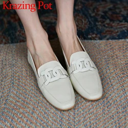 Krazing Pot Big Size in pelle di mucca punta quadrata tacchi bassi bocca profonda Slip On mocassini autunnali incontri Casual elementi di fissaggio in metallo pompe da donna