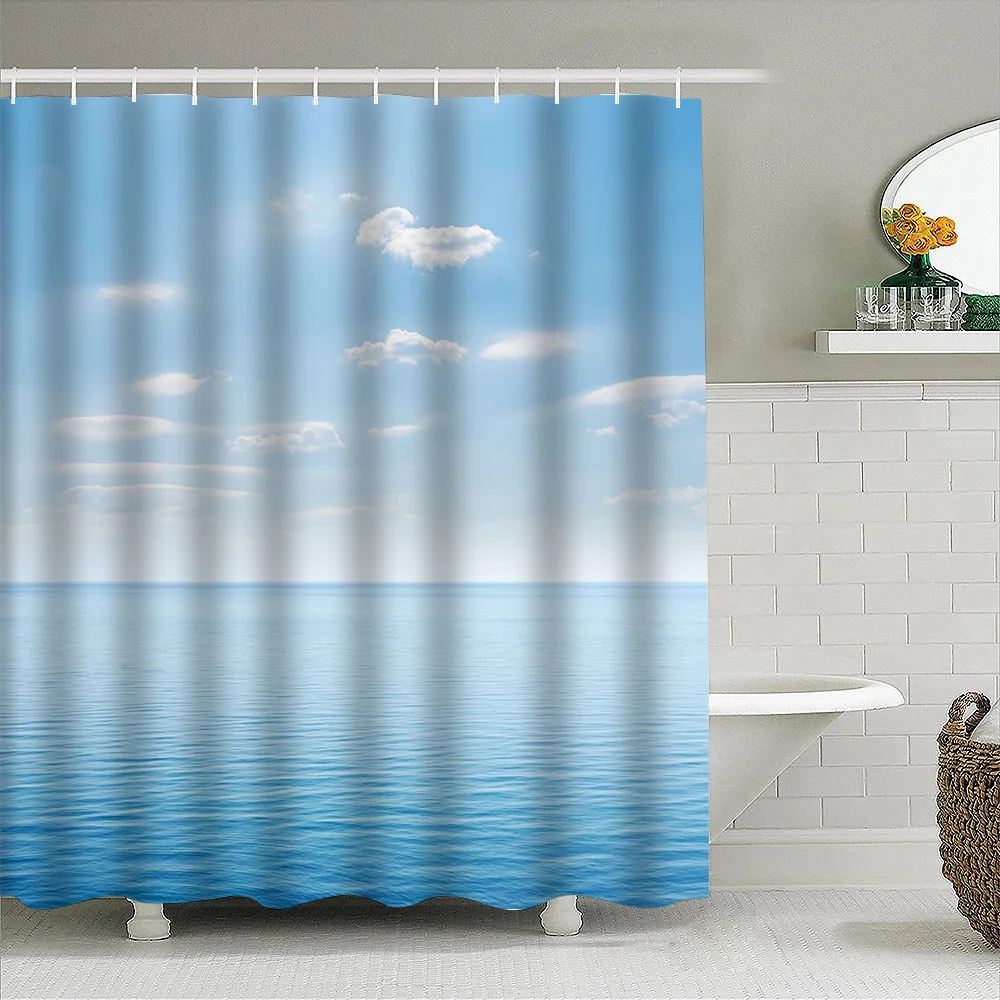 1pc Sky Oceant Shower Curtain Bathroom Partition Decorative Curtain Machine Washable Blue Sky Print Window Privacy Curtain