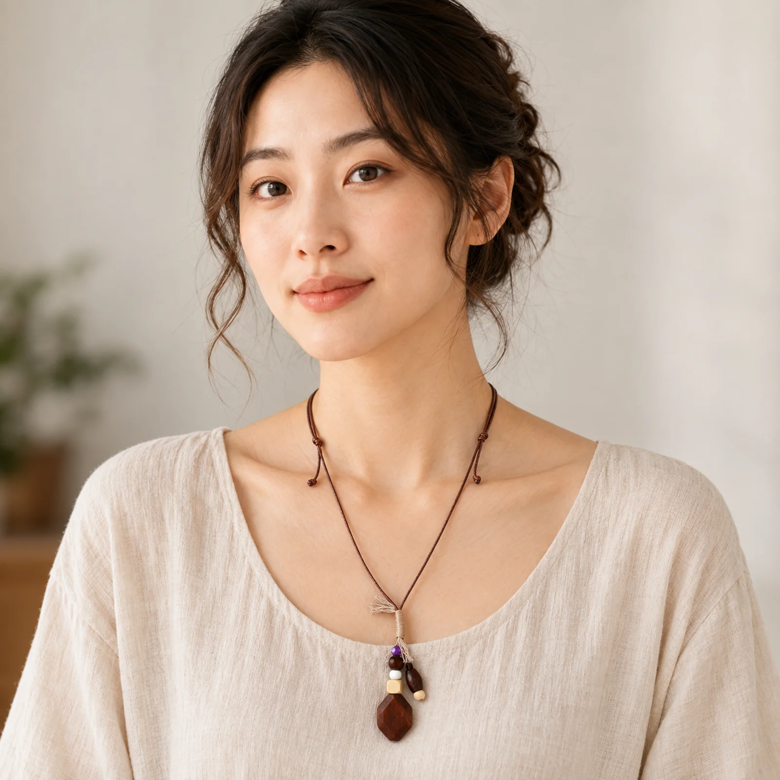 Handwoven Waxed Cord Wooden Bead Diamond Slice Cylinder Necklace Adjustable Forest Style Artisan Jewelry 609P12-10