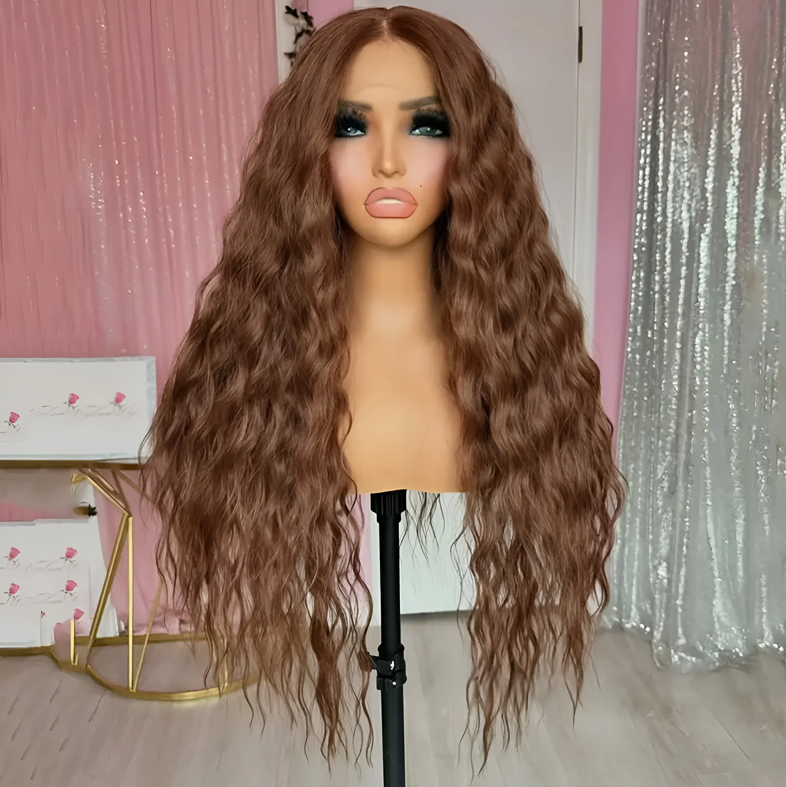 شعر مستعار بني مجعد طويل الاصطناعية الدانتيل الجبهة الباروكات للنساء فضفاض مجعد الدانتيل الباروكة بني فاتح شعر مستعار موجة طبيعية الاستخدام اليومي تأثيري #2