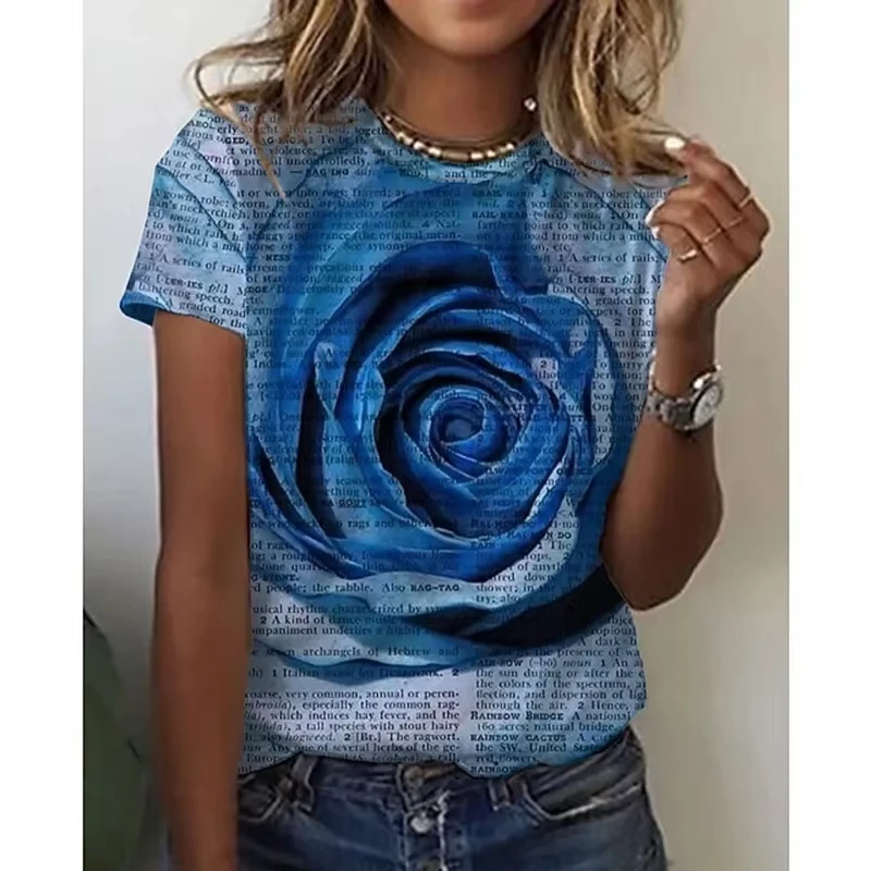 New 3D Printing Women's Short Sleeved T-shirt Rose Graphix Summer Casual Y2k Harajuku Round Neck T Shirt Oversized Men Clothing