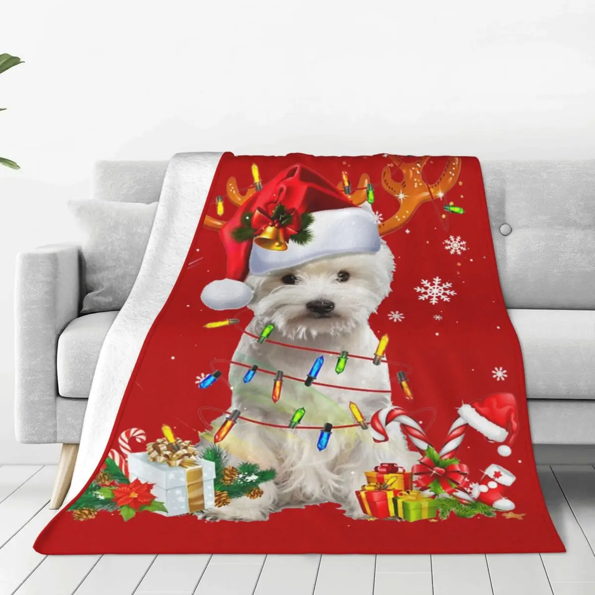 Cozy Westie Reindeer Christmas Lights Funny Dog Blanket Accessories Room Decorative Throw Blanket Super Soft Fleece for Outdoor