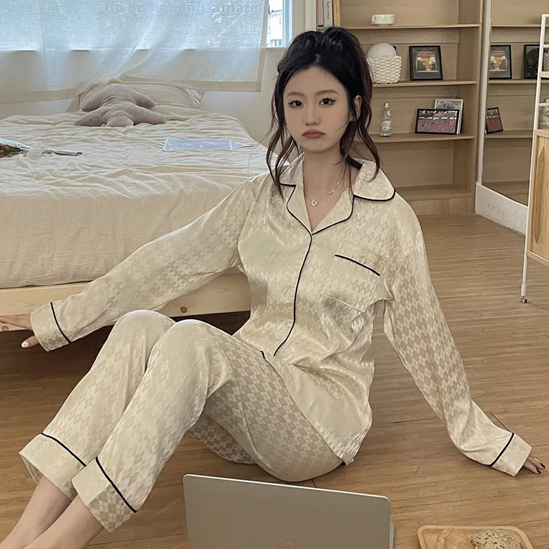 Women's 2 Piece Pajamas Sets Floral Print Pijama Faux Silk Satin Pyjama Female Sleepwear Long Sleeve Lapel Shirt Pants Homewear