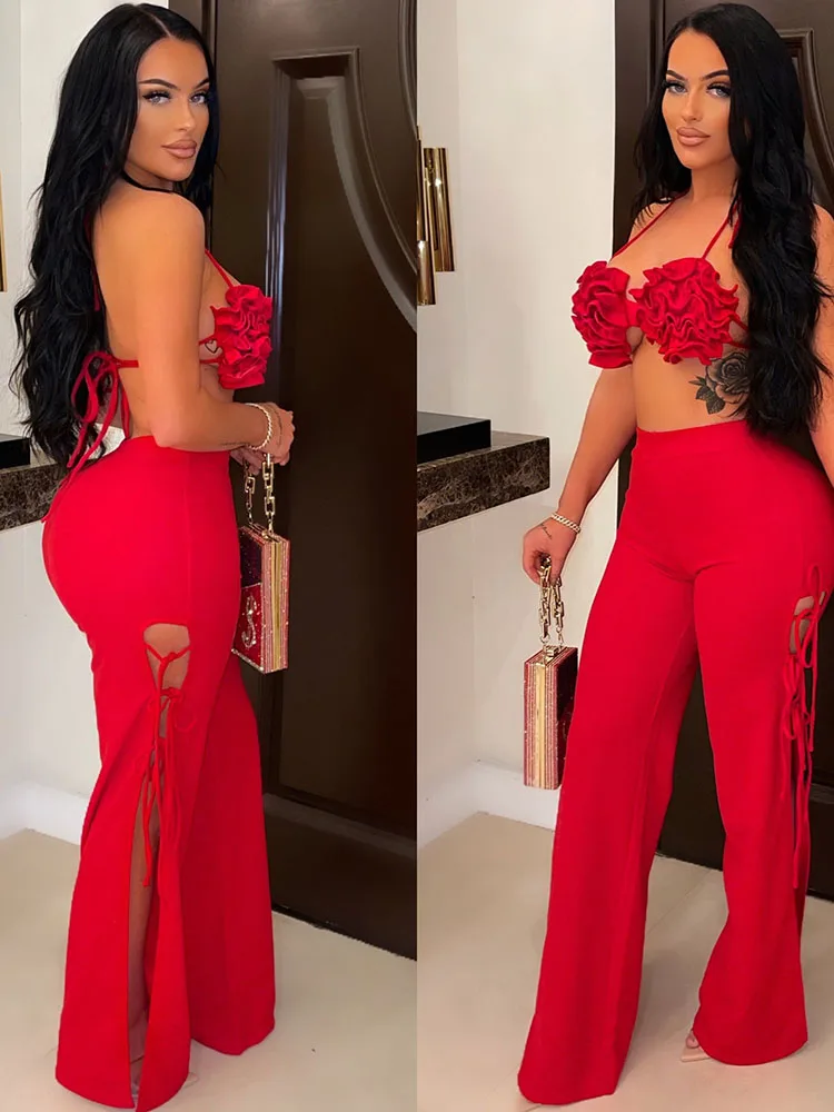 2022 Summer Women 2 Piece Set Floral Bra Tops and High Side Split Lace Up Wide Leg Pants Set Sweatsuit Tracksuit Outfits