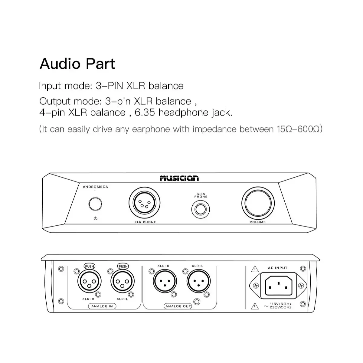 Musician Andromeda Headphone AMP Fully Balanced Pure Class A Headphone Amplifier XLR Balanced 6.35 Output 15Ω-600Ω Headphone AMP