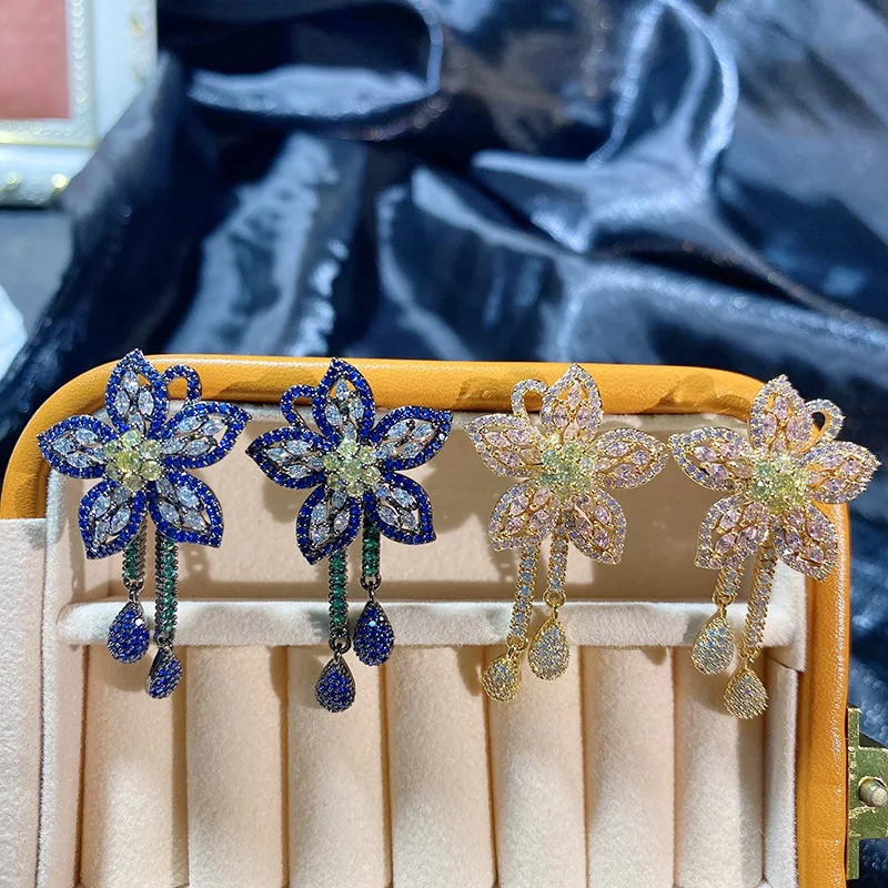 

Женские серьги-капли с цветком, серебро 925 пробы, игла с кубическим цирконием, позолоченные 18 карат, висячие серьги-гвоздики, ювелирные украшения, аксессуар для вечеринки