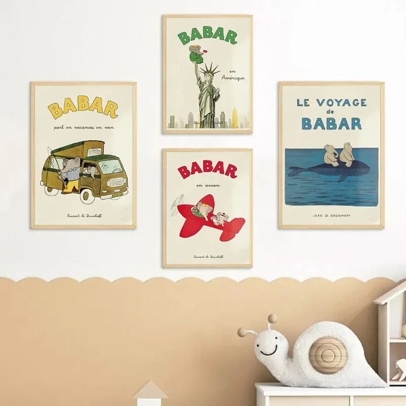 الكرتون الفيل بابار الأسرة سيارة لطيف اليوغا أنيمي المشارك والمطبوعات قماش الطباعة جدار صورة فنية للأطفال غرفة الحضانة ديكور #2