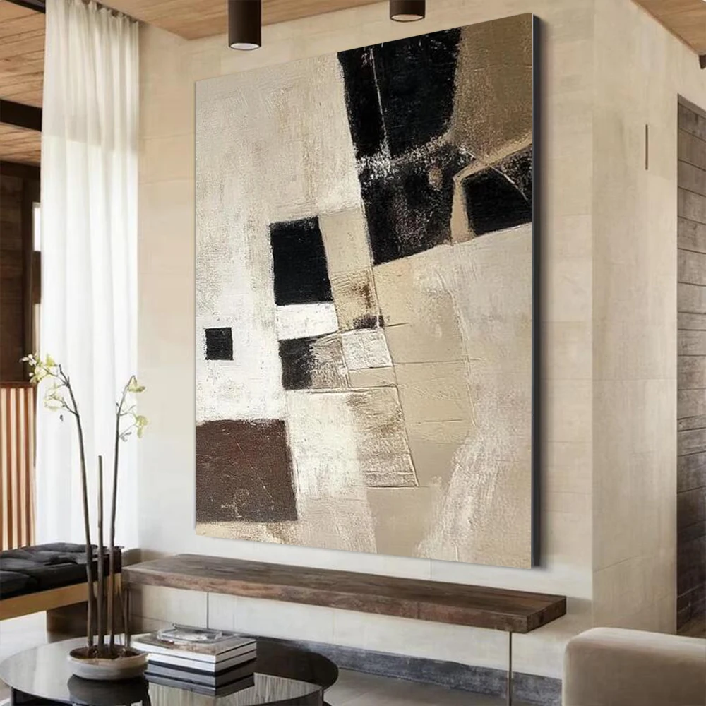 

Neutral Abstract Painting, Large Textured Canvas Art in Beige Black Brown, Modern Minimalist Wall Decor
