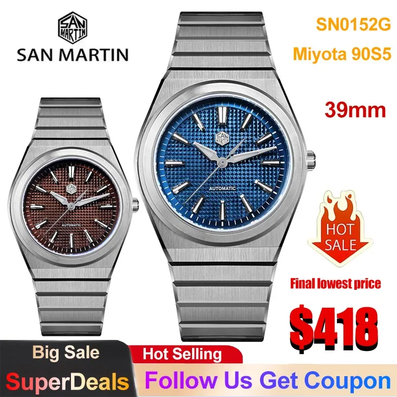 San Martin SN0152 Mechanical Watch Waffle Dial Integrated Bracelet Miyota 90S5 Automatic Luxury Watch 10Bar Clear Caseback Watch