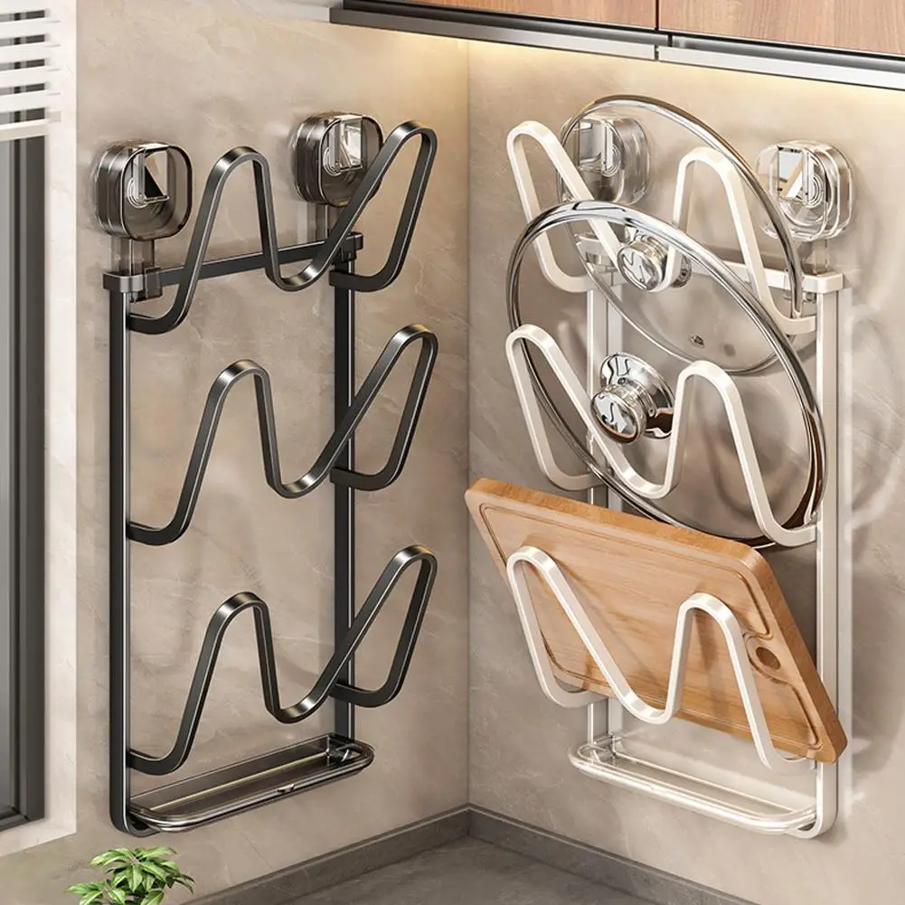 3 Layer Wall Mounted Pot Lid Organizer Rack Rust Free Metal Storage Rack For Kitchen Pots Lids Suction Cup Without Punching X3Y7