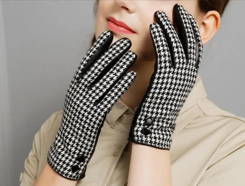 Women's Autumn Winter Plaid Woolen Patchwork Sheepskin Leather Thicken Warm Glove Driving Glove R2183