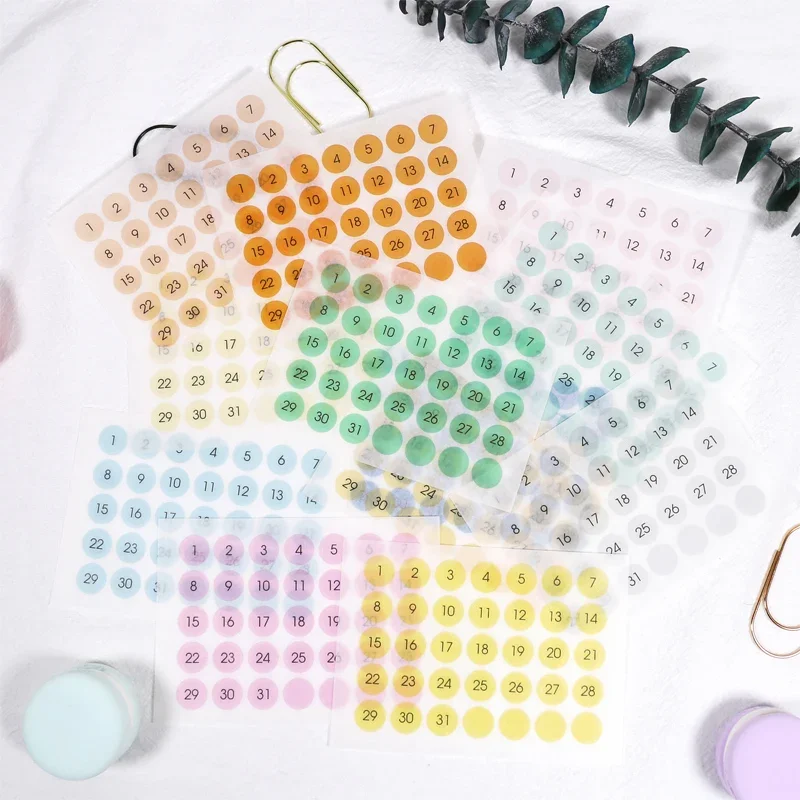 Candy Color Round Label Sticker Daily Number Diary Weekly Planner Stickers for Full Year Schedule Mark Journaling Stationery