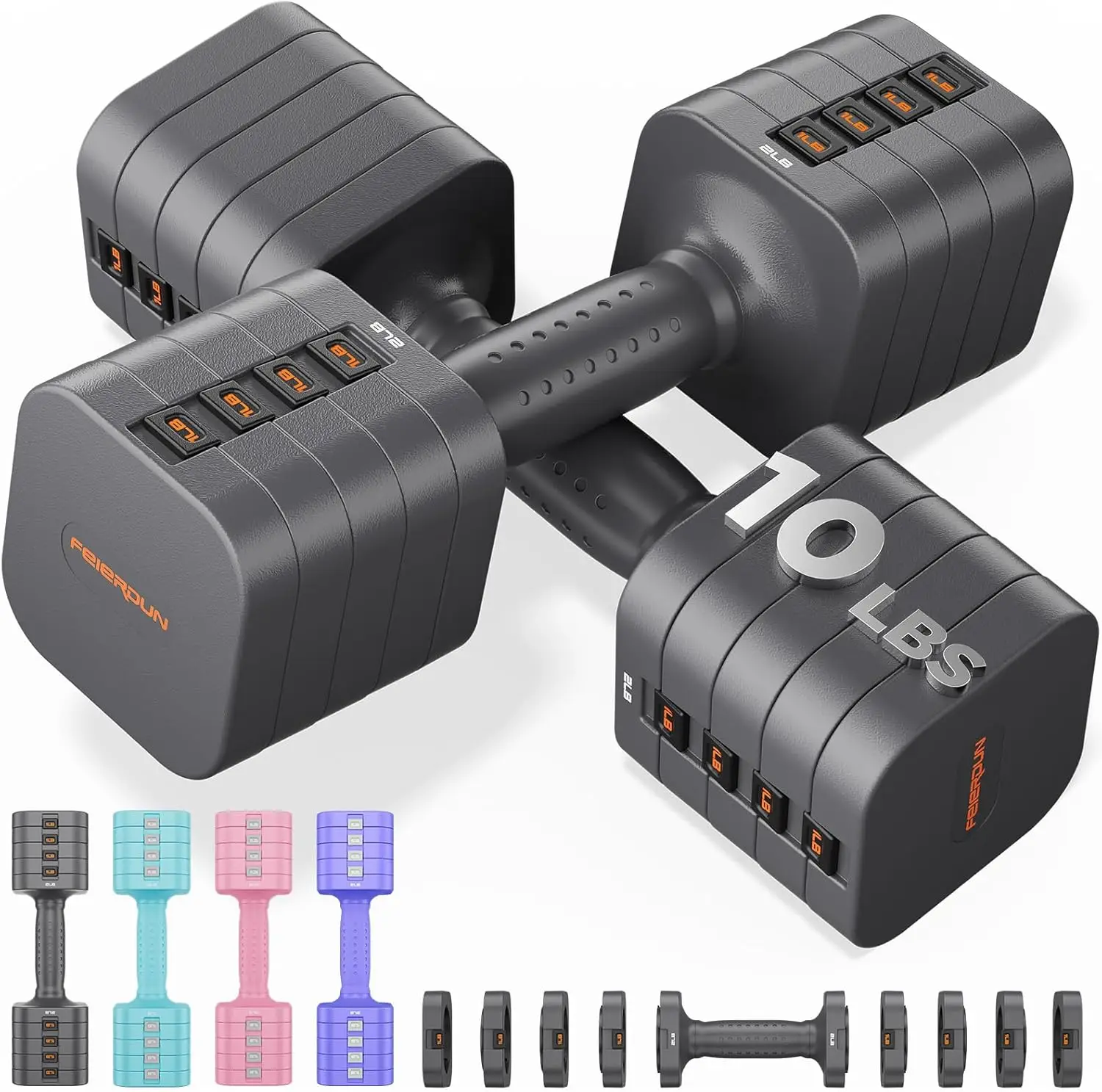 FEIERDUN 5-in-1 Adjustable Dumbbells Set of 2, 20LBS Dark Grey Hand Weights, Fast Adjust Dual Stable Dumbbells for Home Gym