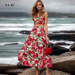 VGH Floral Prinitng Two Piece Sets For Women Square Collar Sleeveless Tops High Waist A Line Skirts Elegant Set Female Fashion