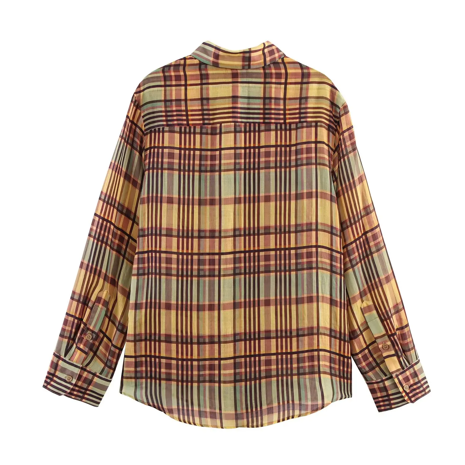 PB&ZA2025 camicia a quadri in lino a maniche lunghe con risvolto allentato casual autunno nuova tasca singola da donna