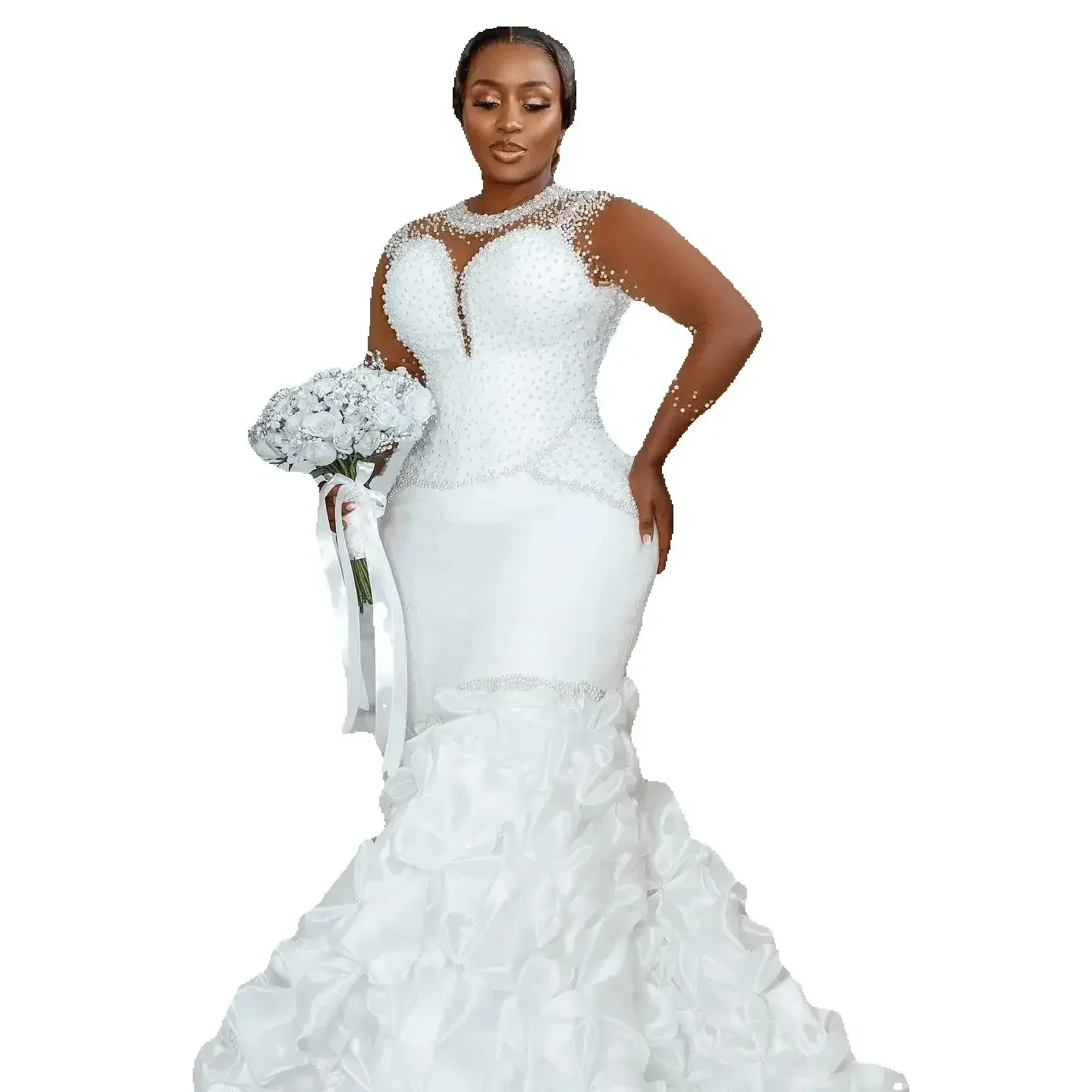 

Свадебное платье-русалка с круглым вырезом, инкрустированное блестящими жемчужинами, с длинными рукавами и плиссировкой, для африканских невест.