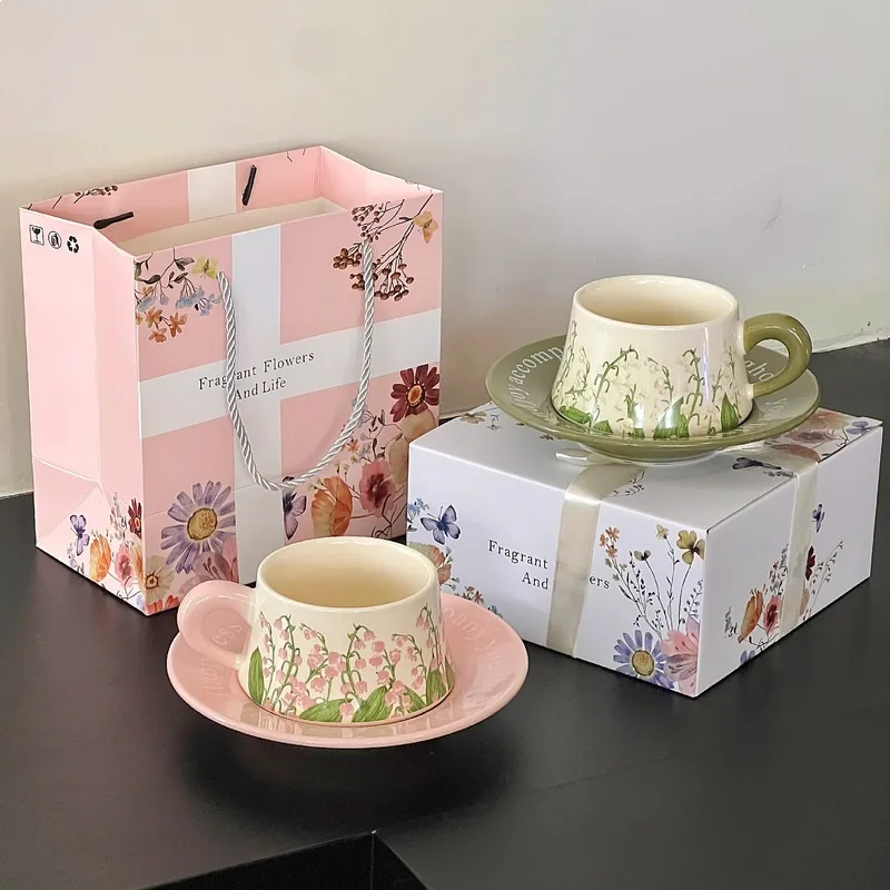 

Light Luxury Bellflower Coffee Cup Saucer Set Small Fresh Ceramic Mug Gift Box For Birthday Employee Gift Wedding Souvenir