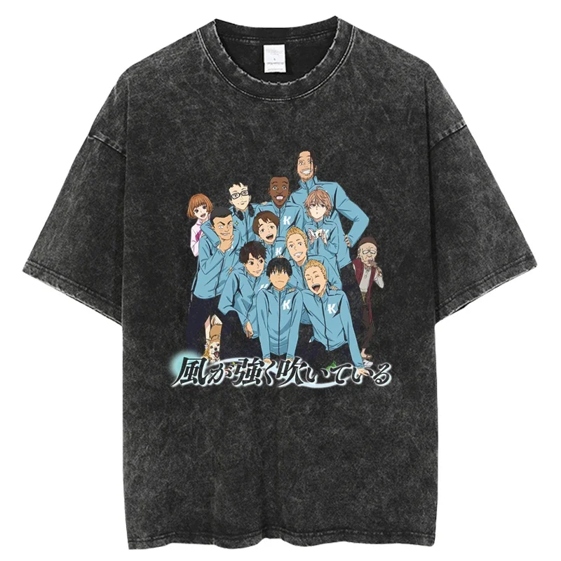 Anime Run with the Wind Graphic Print Hip Hop Mens Summer Short Sleeve Harajuku Washed Tops Black