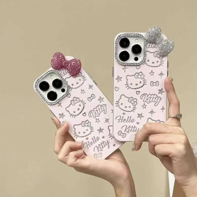 3D Cartoon Sanrio Hello Kitty Star Bow Bling Glitter Cute KT Phone Case For iPhone16 15 14 13 12 11 Pro Max Y2K Anti Fall Cover