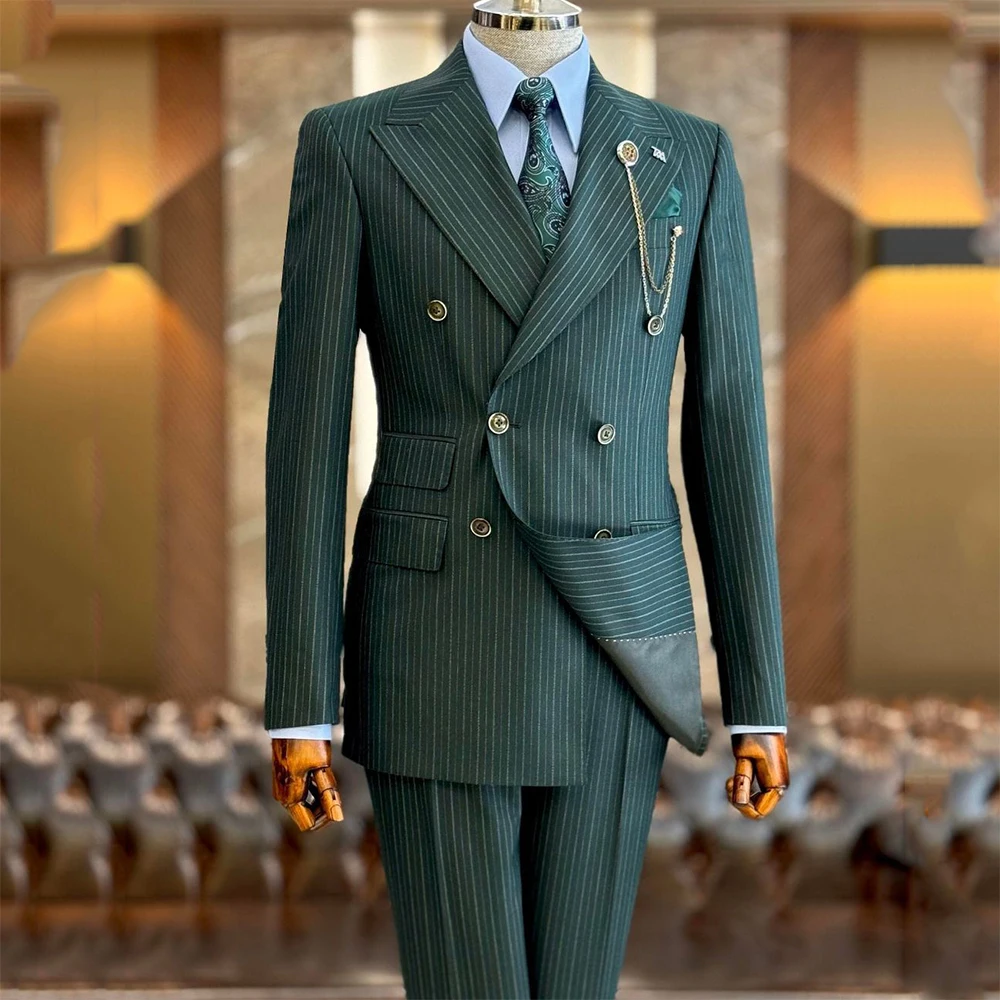 

Stripe Men's Suits 2 Pieces Jacket Pant Sets High Quality Formal Occasion Double Breasted Peak Lapel Male Clothing Fashion 2025