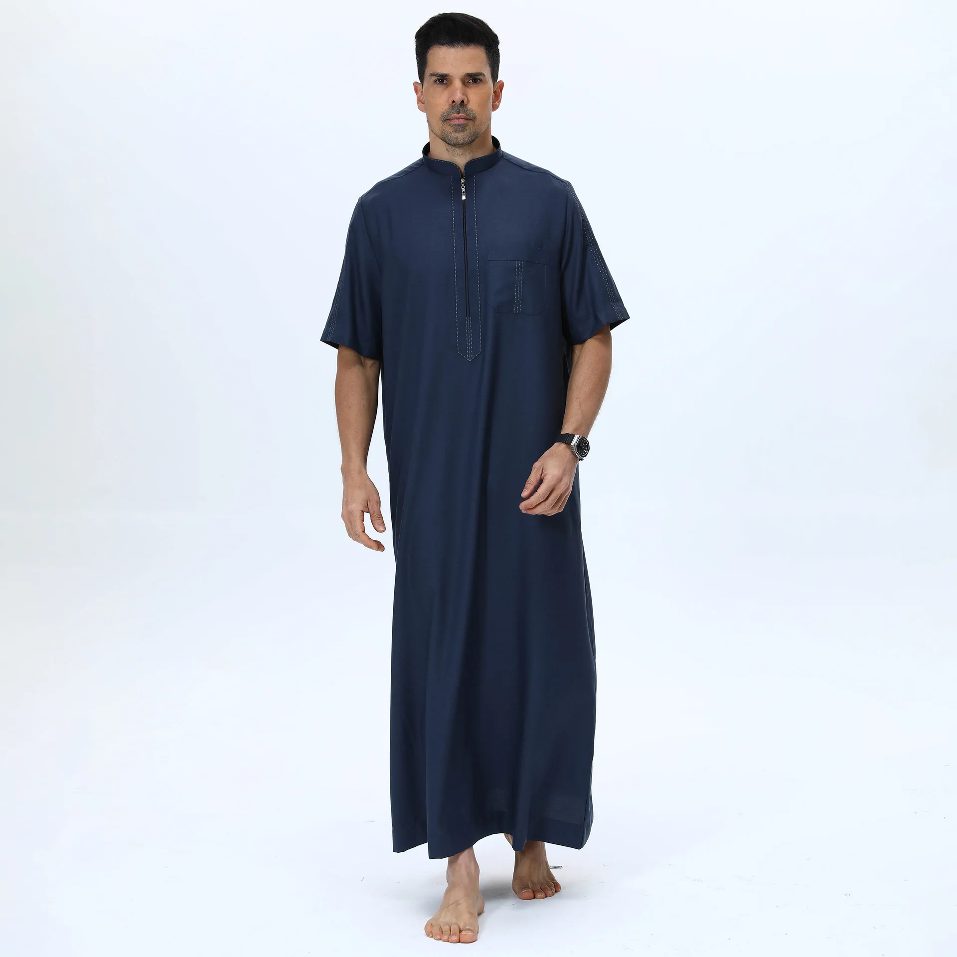 Zipper Robe for Men Saudi Arabic Jubba Thobe Short Sleeve Muslim Dress Turkey Kaftan Islam Clothing Daffah Dishdasha Thoub Robes