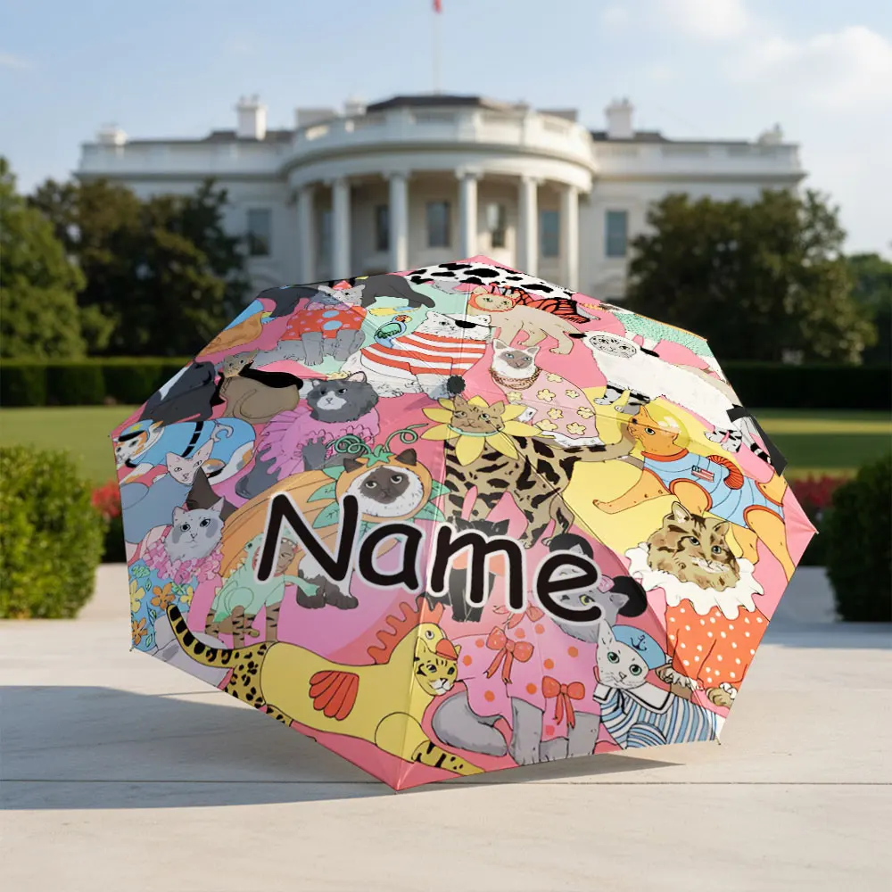 Custom Name umbrella, Colorful Cat Illustration print Fashion Folding Umbrella for Sunny and Rainy Days, Christmas Gift