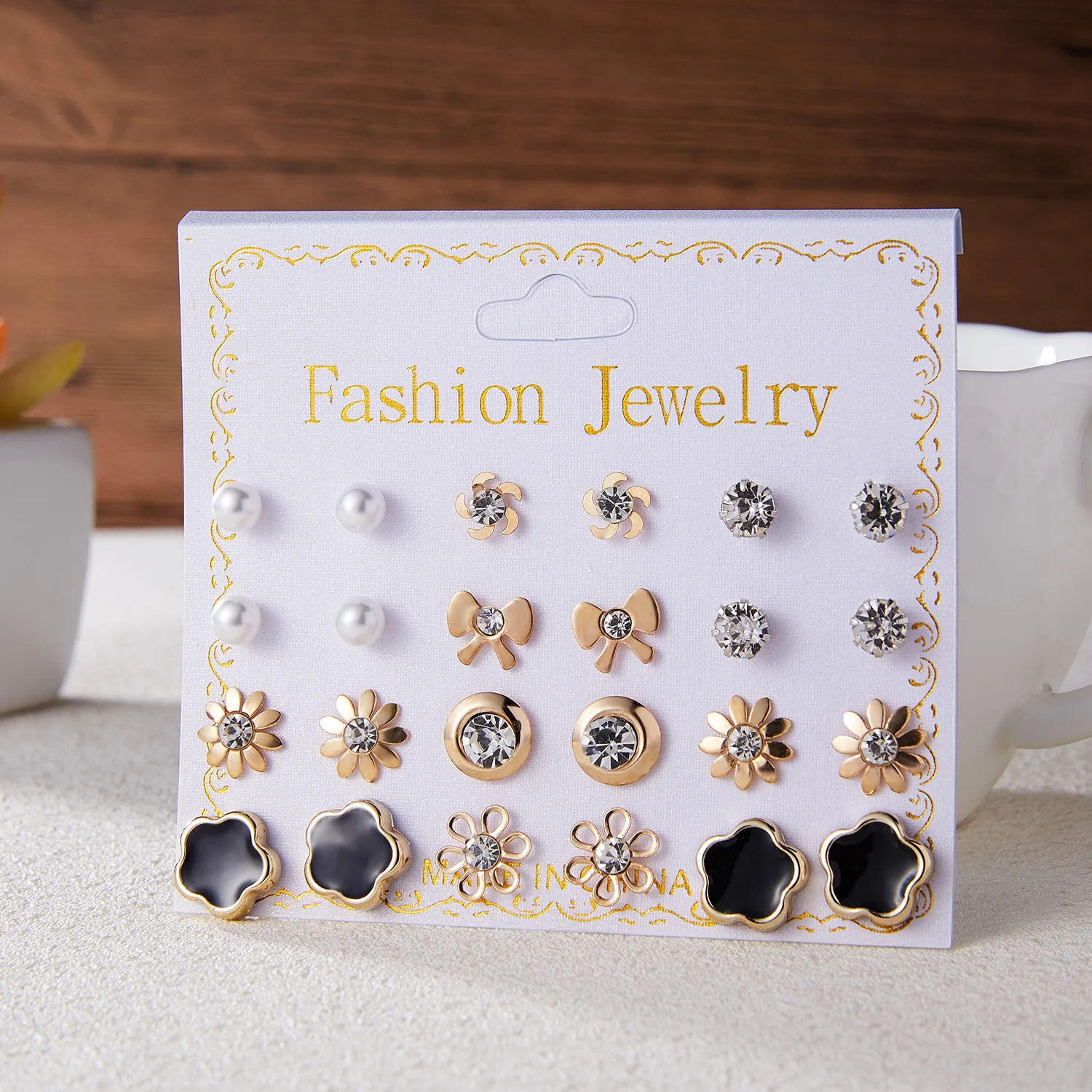 12 Pairs Mix Style Stud Earrings Set For Women Simple Rhinestone Flower Simulated Pearl Earrings Girls Party Jewelry Wholesale
