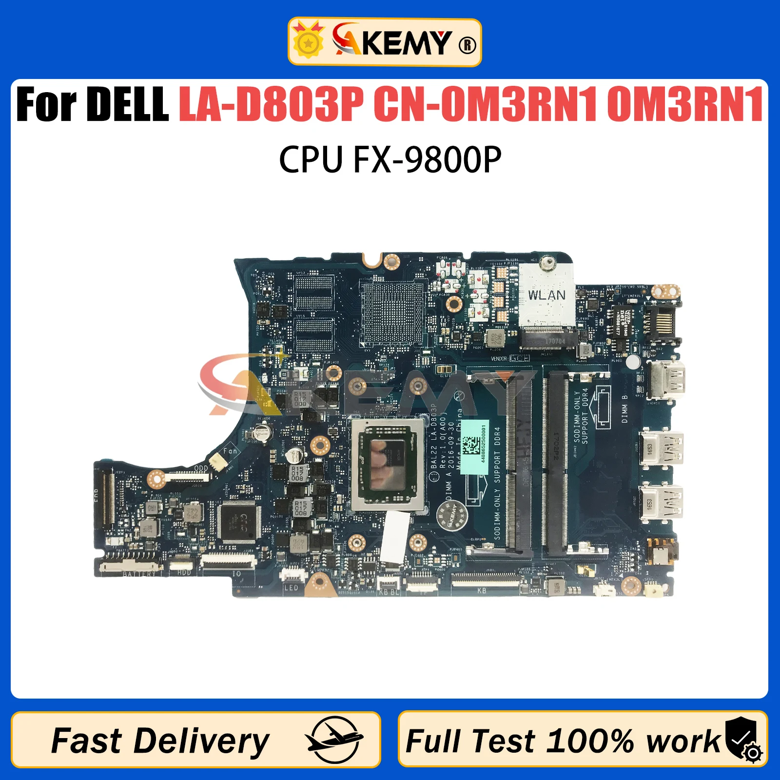 LA-D803P For DELL LA-D803P Notebook Mainboard Laptop Motherboard CPU FX-9800P DDR4 100% Test OK