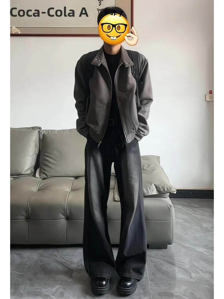 

Washed Black Straight Leg Jeans Men's Extended Size Loose Wide Leg Casual Pants Youth Fashion Wear Resistant Jeans Fabric