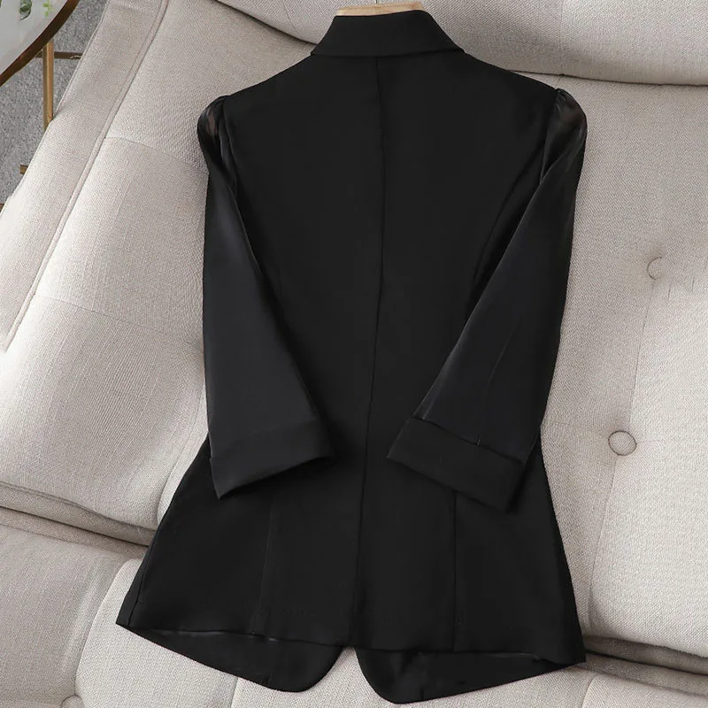 Xpqbb Korean Fashion Patchwork Blazer High-quality Single Button Office Work Suit Coat Lady New Spring Summer Mesh Sleeve Jacket