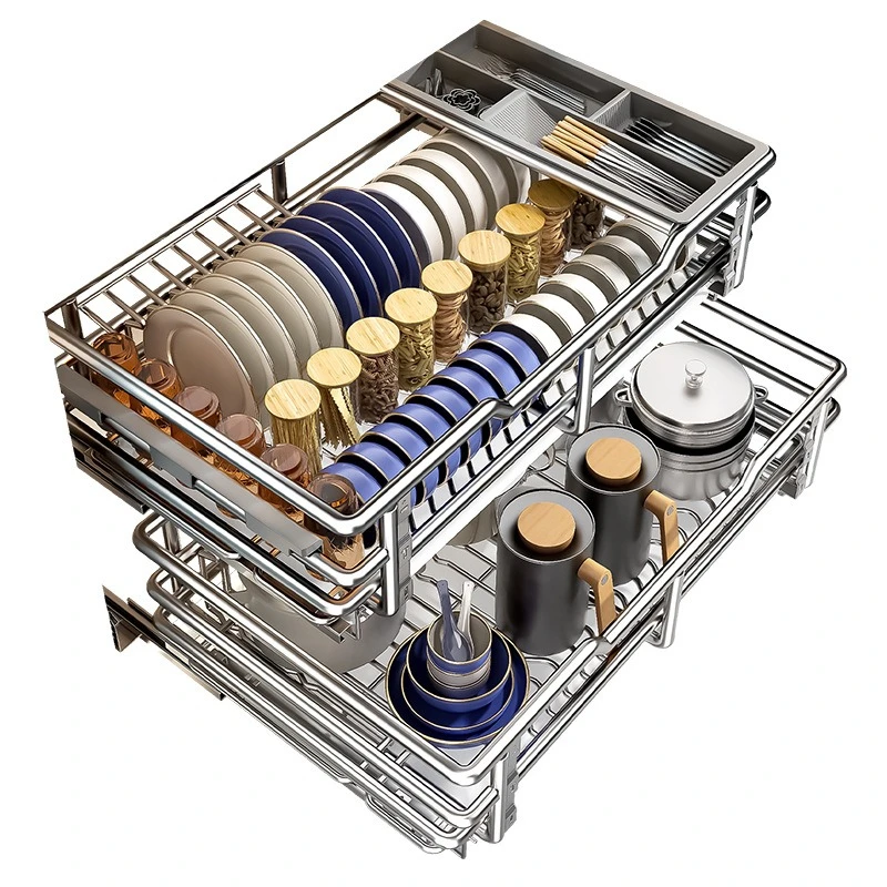 Cabinet Drawer Dishes Cupboard 304 Stainless Steel Double Kitchen Cabinet Bowl Rack