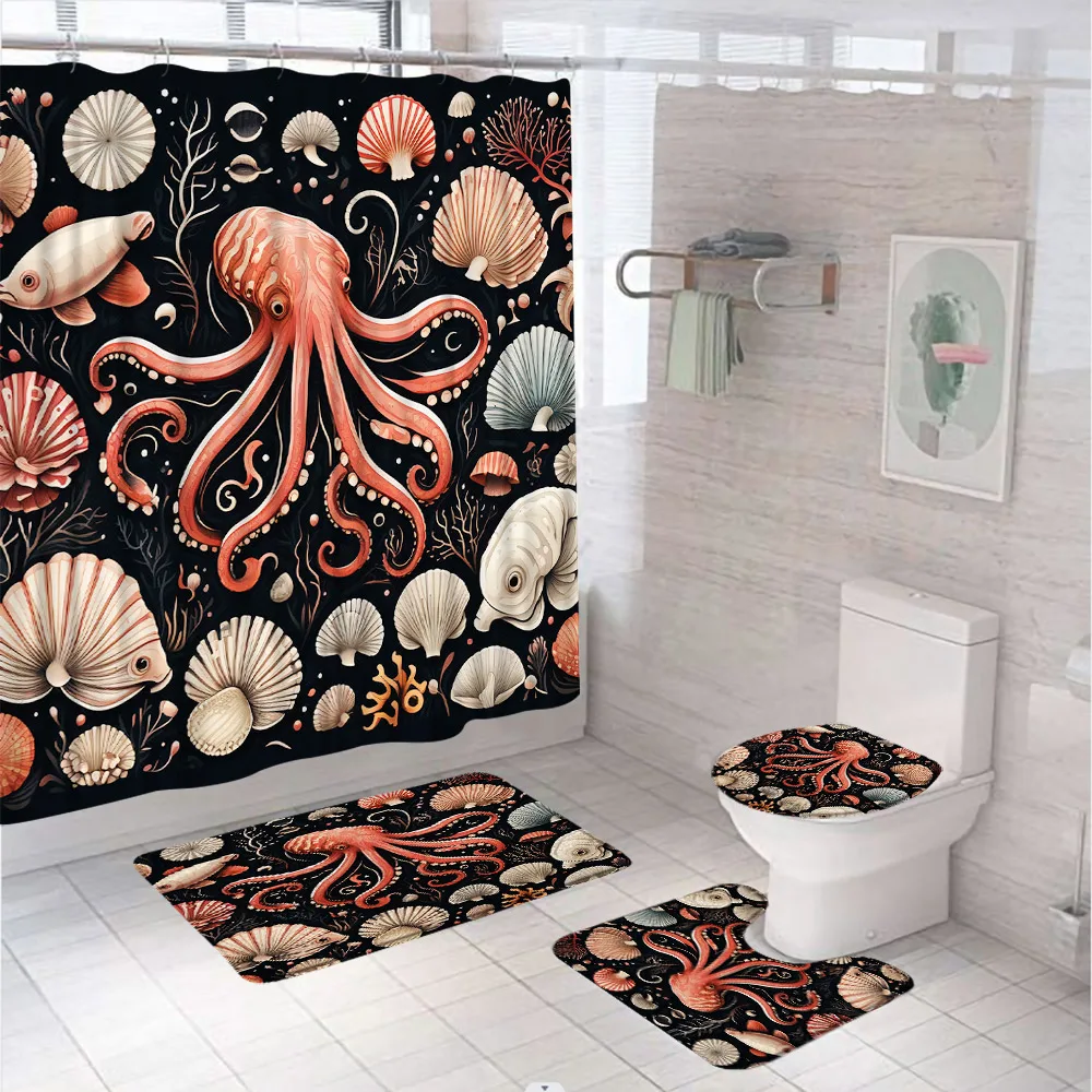 Octopus Bathroom Set Shower Curtain Rug Bath Mat Toilet Cover Nautical Monster Sea Animal Seashells Coastal Fabric Curtain Home