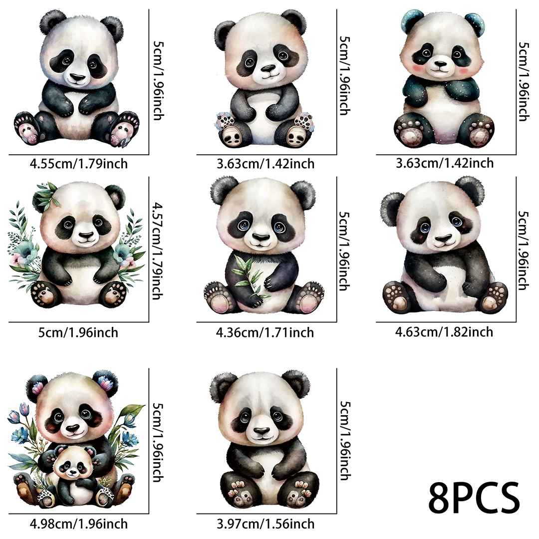 8 pezzi adesivi per tazze DTF UV Panda carino acquerello, confezione di adesivi impermeabili per decorare tazze, tazze, forniture artistiche fai da