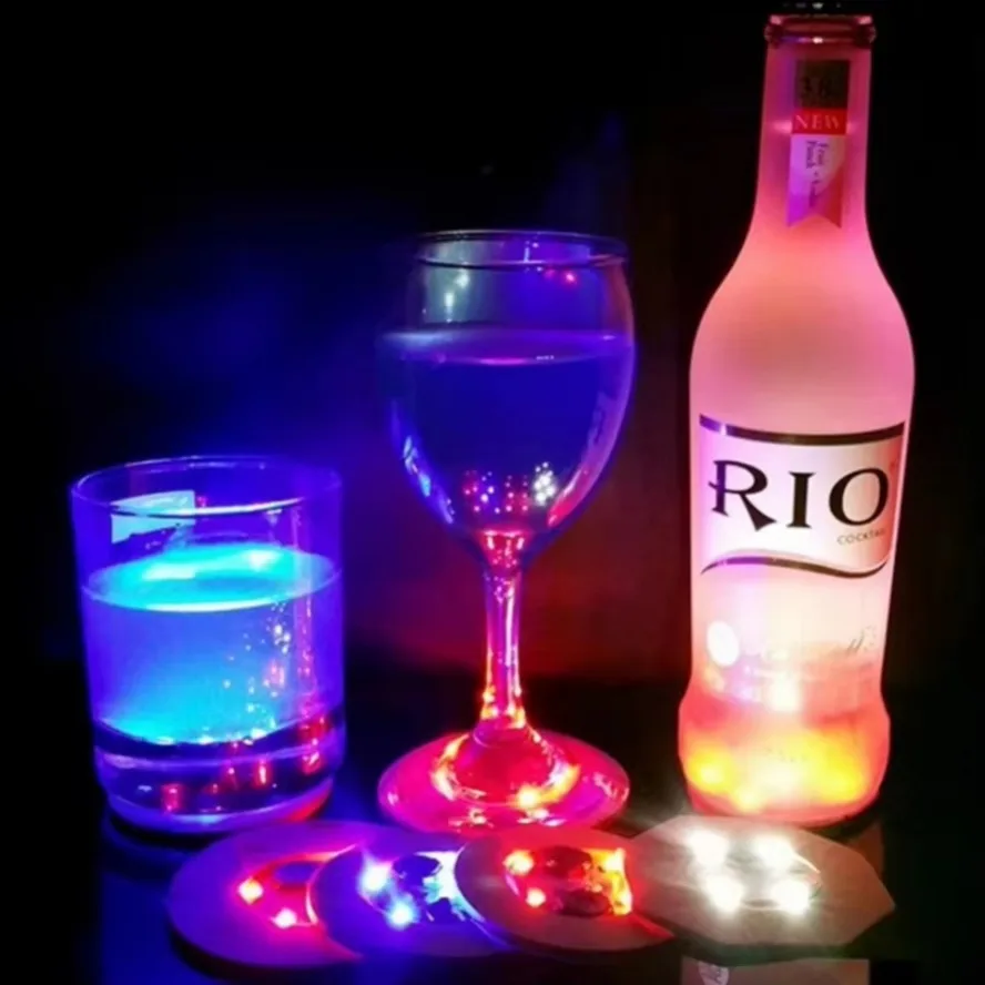 LED Emit Light Coaster Wholesale with Battery Wine Glass Mat Cup Pad Sticker Bottle Drinking Club Bar Party Decor Night Light