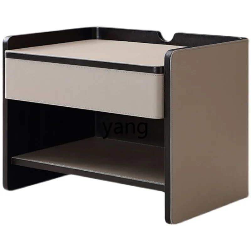 LH  Minimalist Bedside Table Bedroom Saddle Leather Household Smoked Wood Premium Light Luxury Bedside Cabinet
